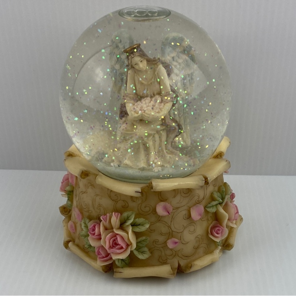 Vintage Musical Snow Globe Angel with Pink Roses